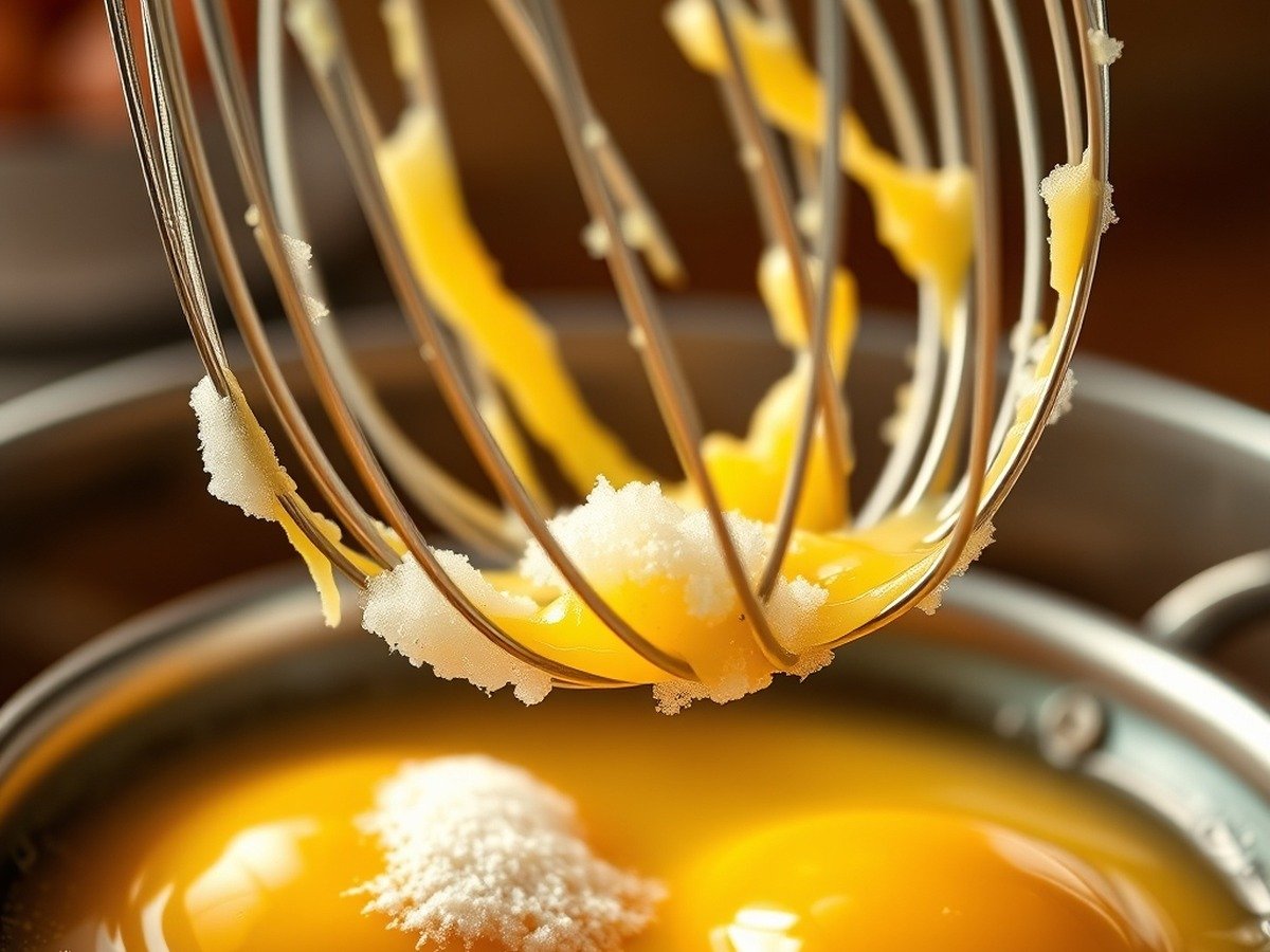 How long does it take to prepare runny tiramisu filling? preparation close-up - Photorealistic image of fresh egg yolks and sugar being whisked over a simmering double boiler, rich