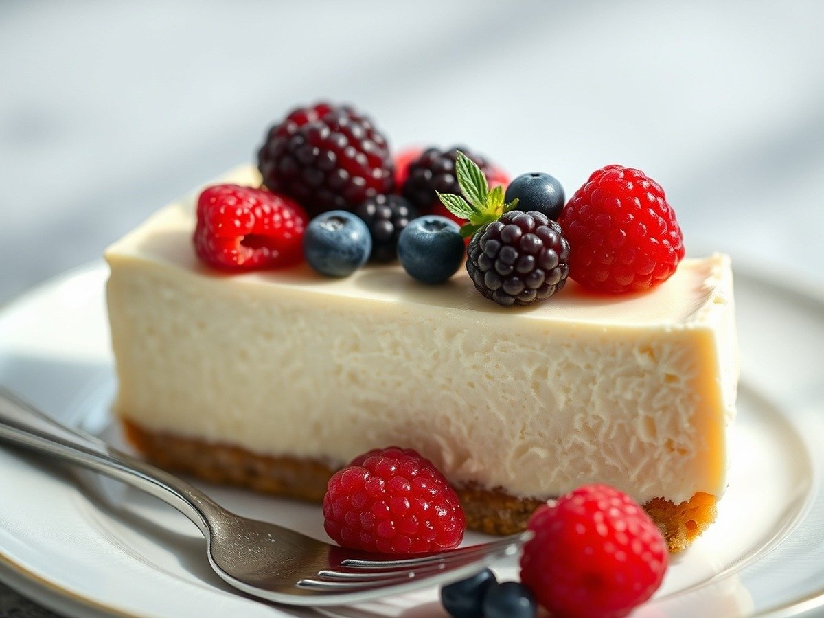 how to fix runny no bake cheesecake filling final dish overhead - Final plated slice of firm, chilled no-bake cheesecake garnished with fresh berries under soft natur