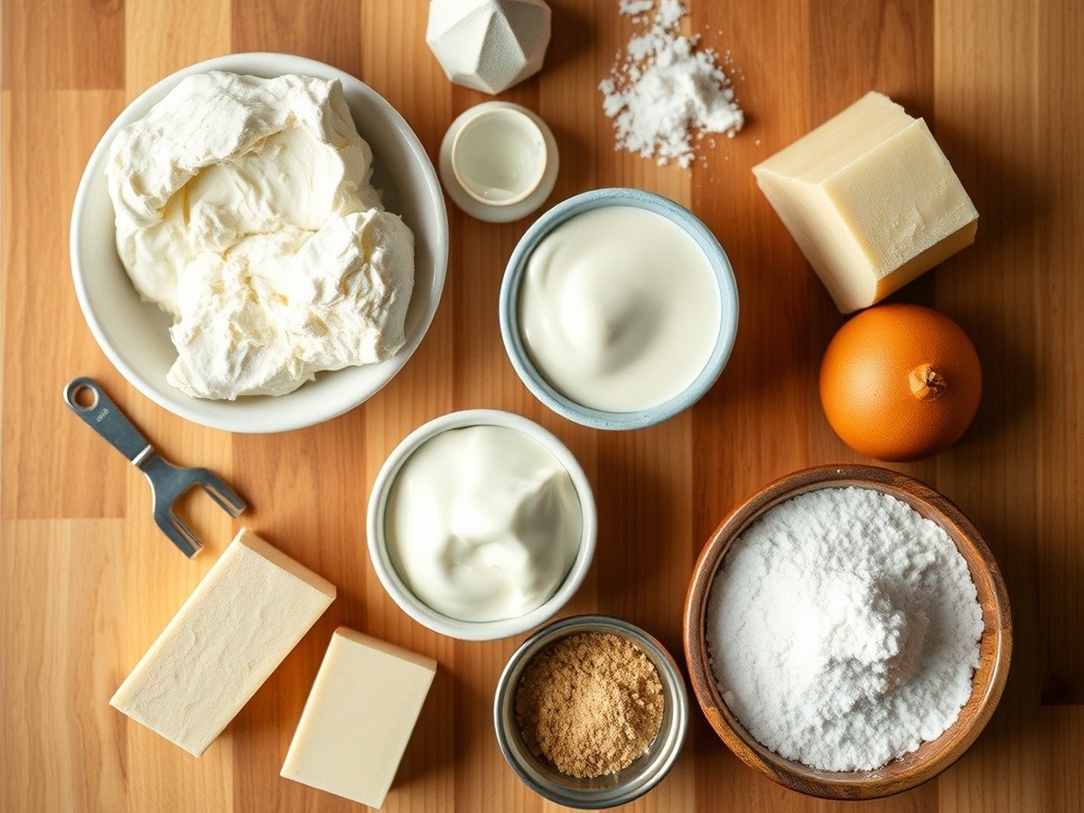 how to fix runny no bake cheesecake filling preparation close-up - Beautifully organized flatlay of ingredients including cream cheese, heavy cream, and powdered sugar