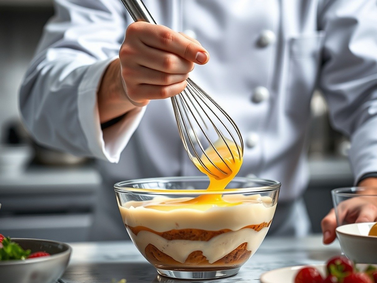 how to fix runny tiramisu filling cooking process - Close-up action shot of a chef whisking gelatin into a bowl of runny tiramisu filling in a brightly