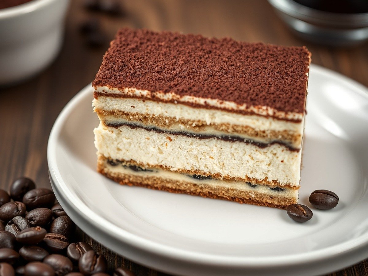 how to fix runny tiramisu filling final dish overhead - Final plated slice of firm, perfectly structured tiramisu resting on a white ceramic plate with espr
