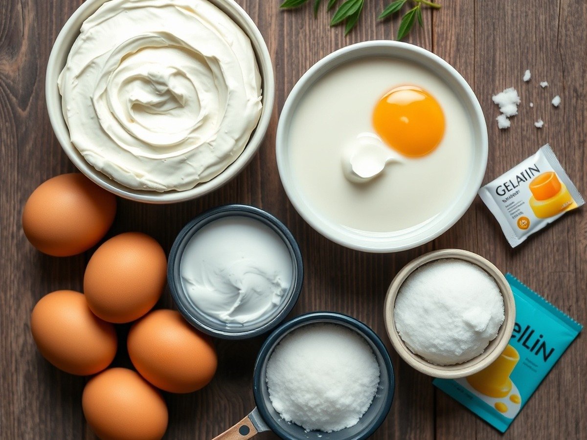 how to fix runny tiramisu filling preparation close-up - Beautifully organized flatlay of ingredients including mascarpone cheese, heavy cream, eggs, sugar,