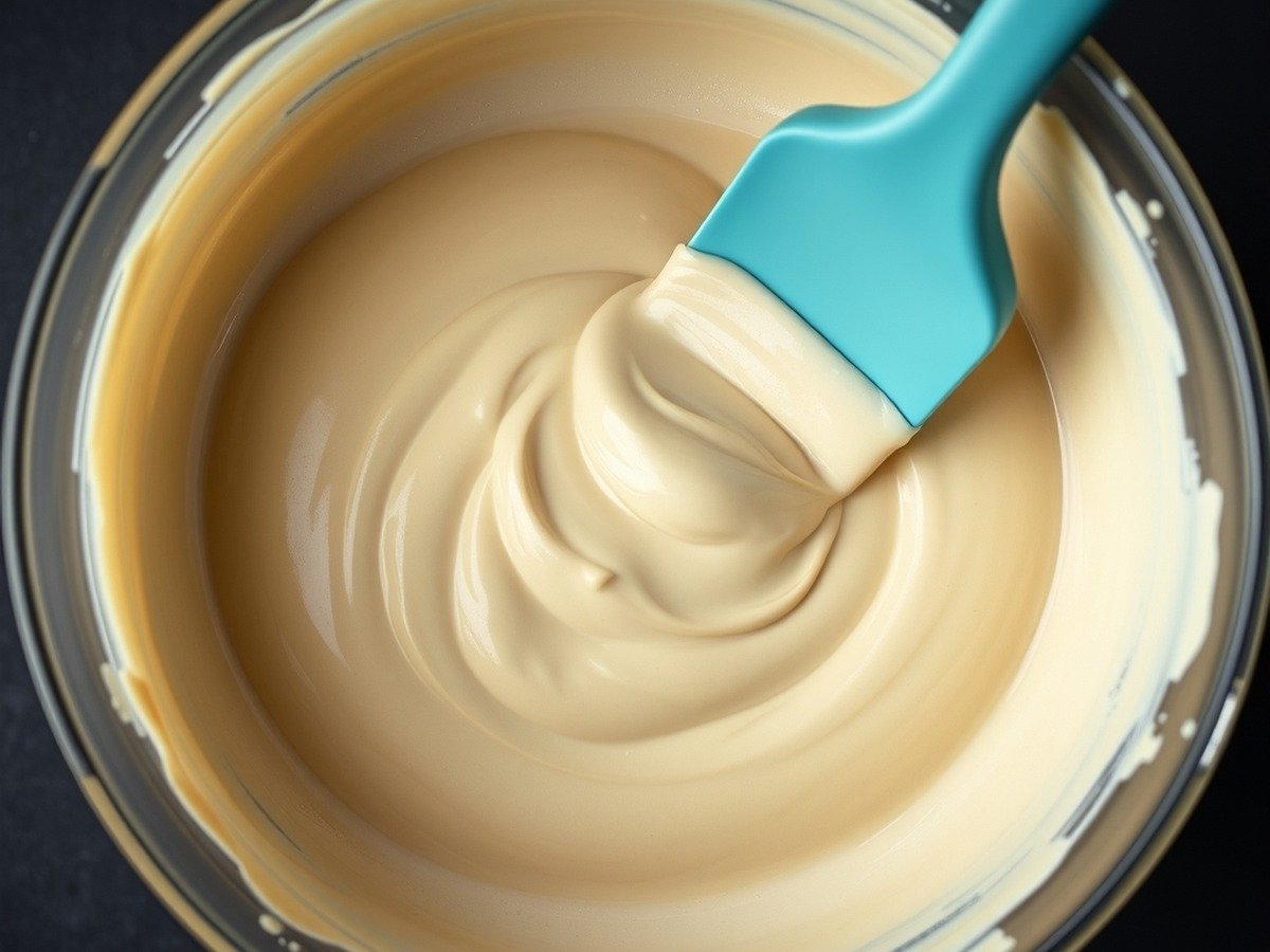 What is the secret to perfect runny no bake cheesecake filling? cooking process - A photorealistic top-down shot of a mixing bowl containing smooth, glossy no-bake cheesecake batter