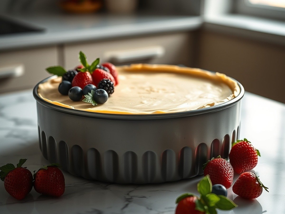 What is the secret to perfect runny no bake cheesecake filling? final dish overhead - A photorealistic image of a chilled no-bake cheesecake in a springform pan resting on a marble count