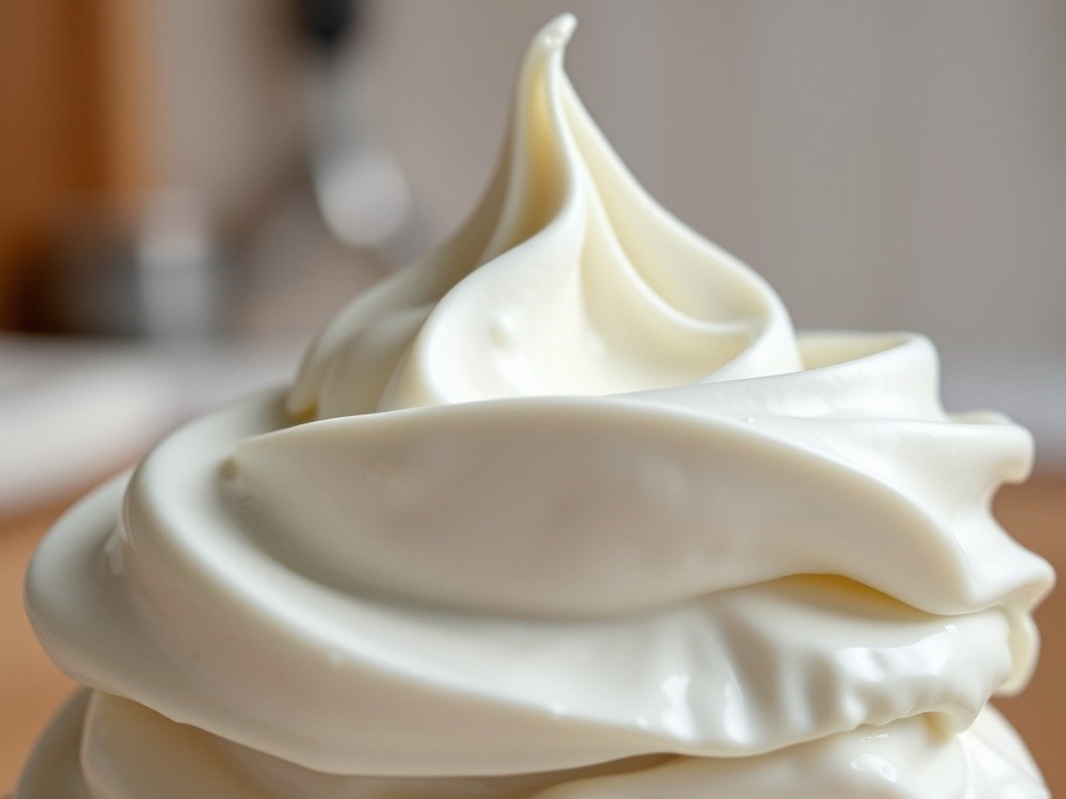 What is the secret to perfect runny no bake cheesecake filling? plating and garnish - A photorealistic macro photo of whipped heavy cream forming stiff peaks, showing tiny air bubbles an