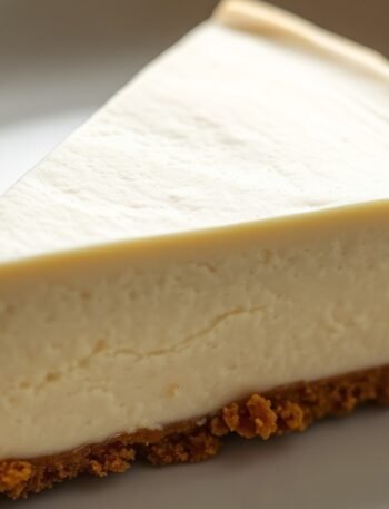 What is the secret to perfect runny no bake cheesecake filling? recipe hero presentation - A photorealistic close-up of a creamy no-bake cheesecake slice on a white ceramic plate, showing a s