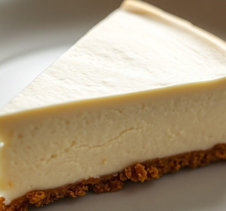 What is the secret to perfect runny no bake cheesecake filling? recipe hero presentation - A photorealistic close-up of a creamy no-bake cheesecake slice on a white ceramic plate, showing a s