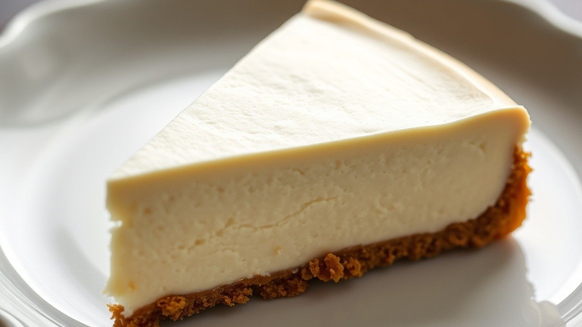 What is the secret to perfect runny no bake cheesecake filling? recipe hero presentation - A photorealistic close-up of a creamy no-bake cheesecake slice on a white ceramic plate, showing a s