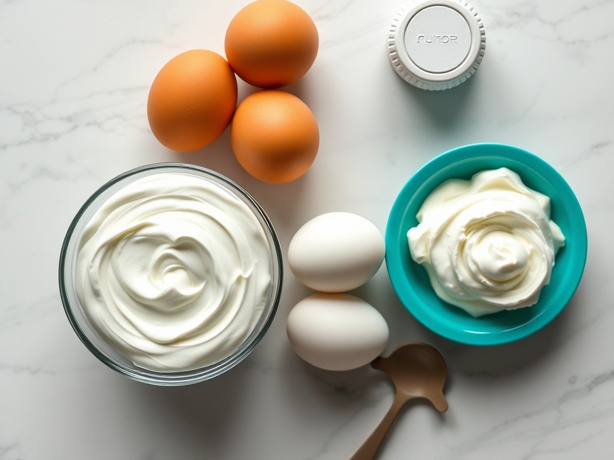 What is the secret to perfect runny tiramisu filling? cooking process - Overhead shot of chilled whipping cream, fresh eggs, and a container of mascarpone cheese arranged o