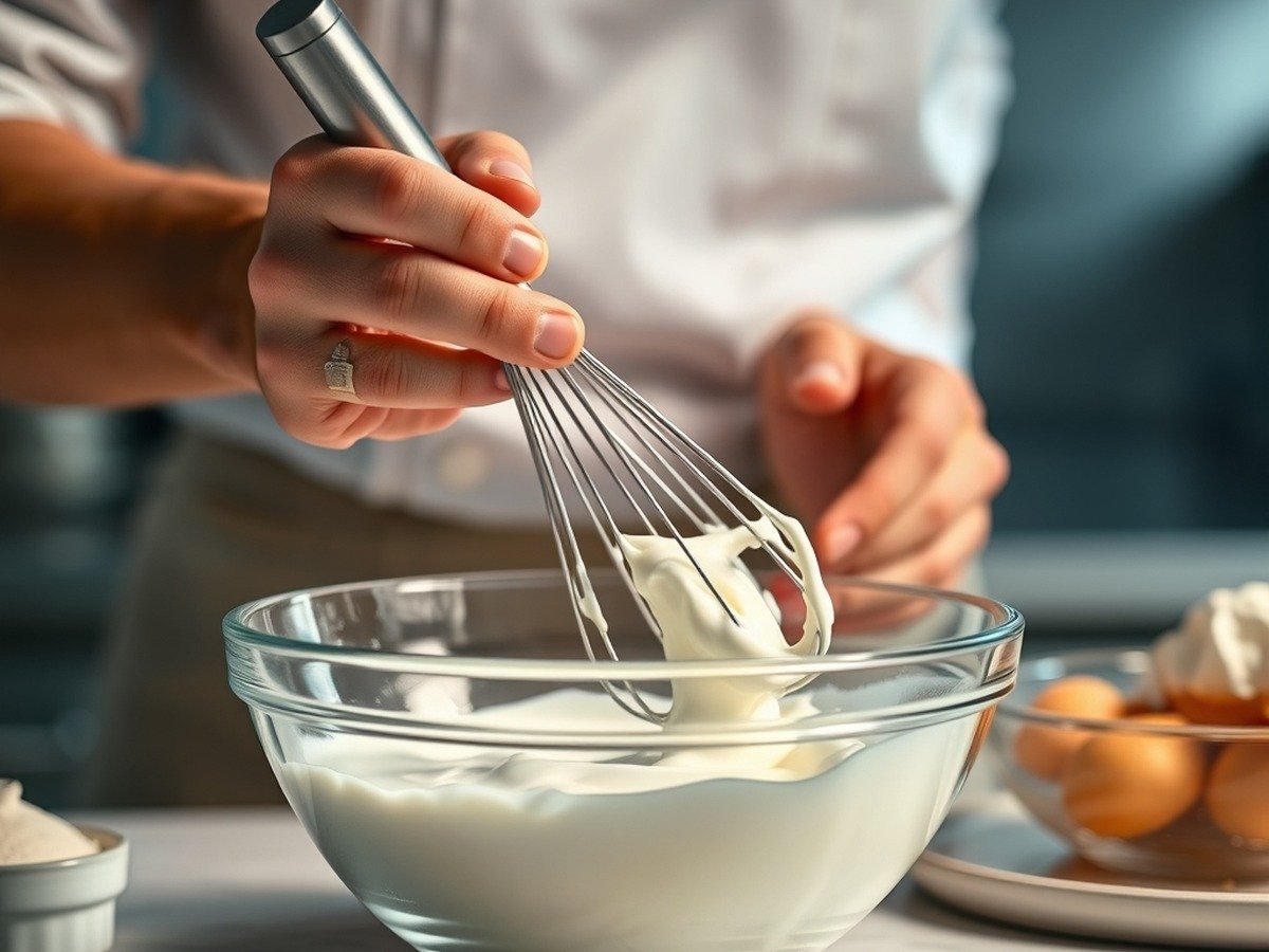 What is the secret to perfect runny tiramisu filling? final dish overhead - A professional pastry chef whisking heavy cream in a chilled glass bowl with soft peaks forming unde