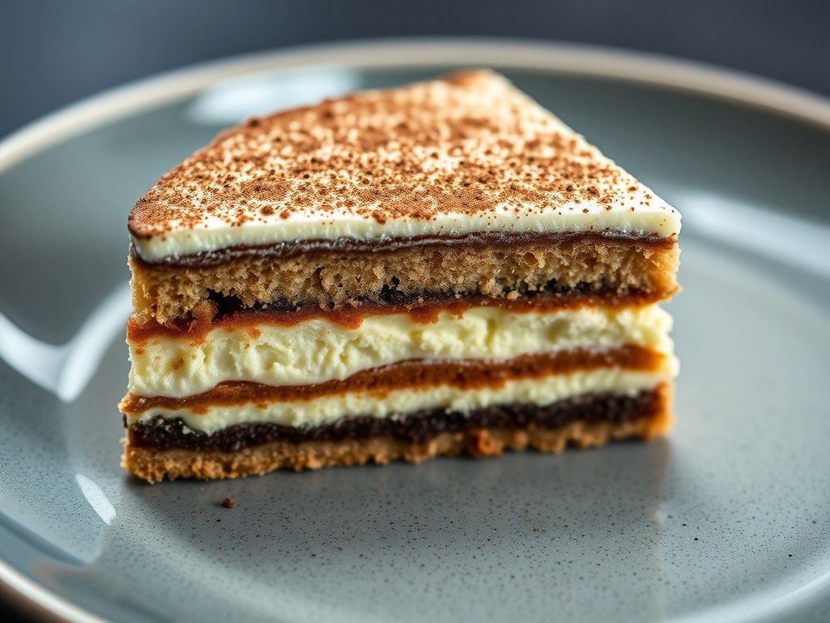 What is the secret to perfect runny tiramisu filling? plating and garnish - Cross-section view of a perfect tiramisu slice resting on a ceramic plate, highlighting distinct cre