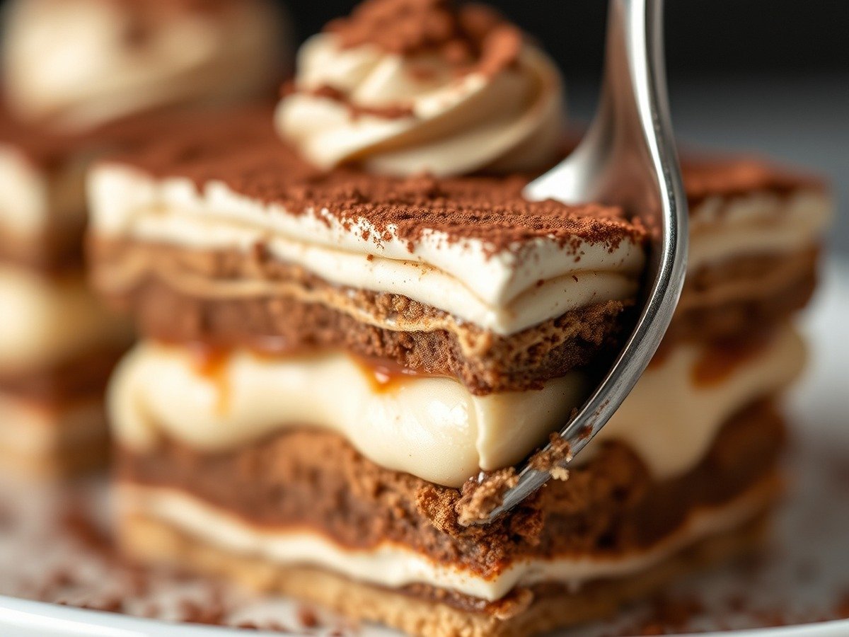 What is the secret to perfect runny tiramisu filling? preparation close-up - Macro shot of layered Italian tiramisu showcasing a rich, spoonable creamy filling and dusting of co