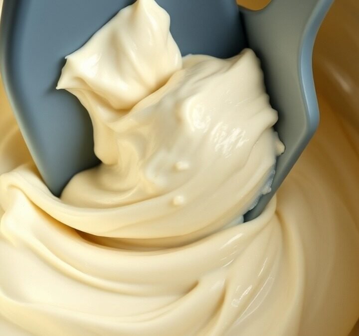 What is the secret to perfect runny tiramisu filling? recipe hero presentation - Close-up of smooth, luscious mascarpone cream filling being gently folded with a silicone spatula in