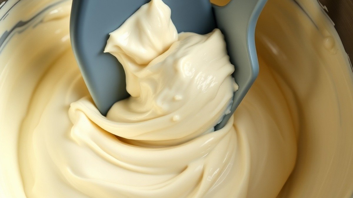 What is the secret to perfect runny tiramisu filling? recipe hero presentation - Close-up of smooth, luscious mascarpone cream filling being gently folded with a silicone spatula in