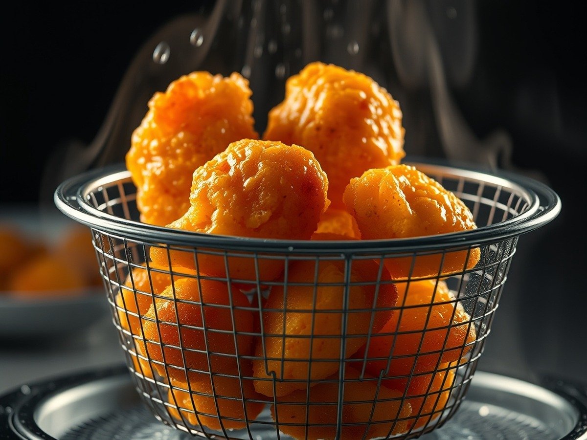 What temperature should you air fry frozen prawns? cooking process - Photorealistic action shot of an air fryer basket being shaken mid-cook, tiny droplets of steam risi