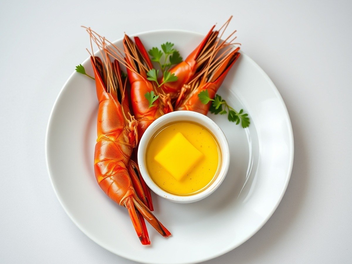 What temperature should you air fry frozen prawns? final dish overhead - Photorealistic styled dish of perfectly cooked vibrant pink prawns served on a minimalist white cera