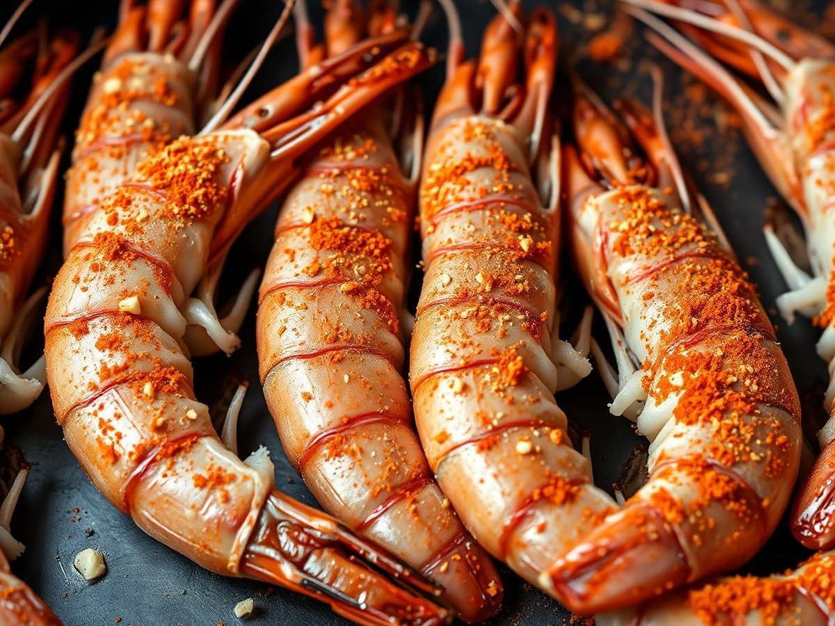 What temperature should you air fry frozen prawns? plating and garnish - Photorealistic image of seasoned raw prawns dusted with paprika and garlic powder arranged in a sing