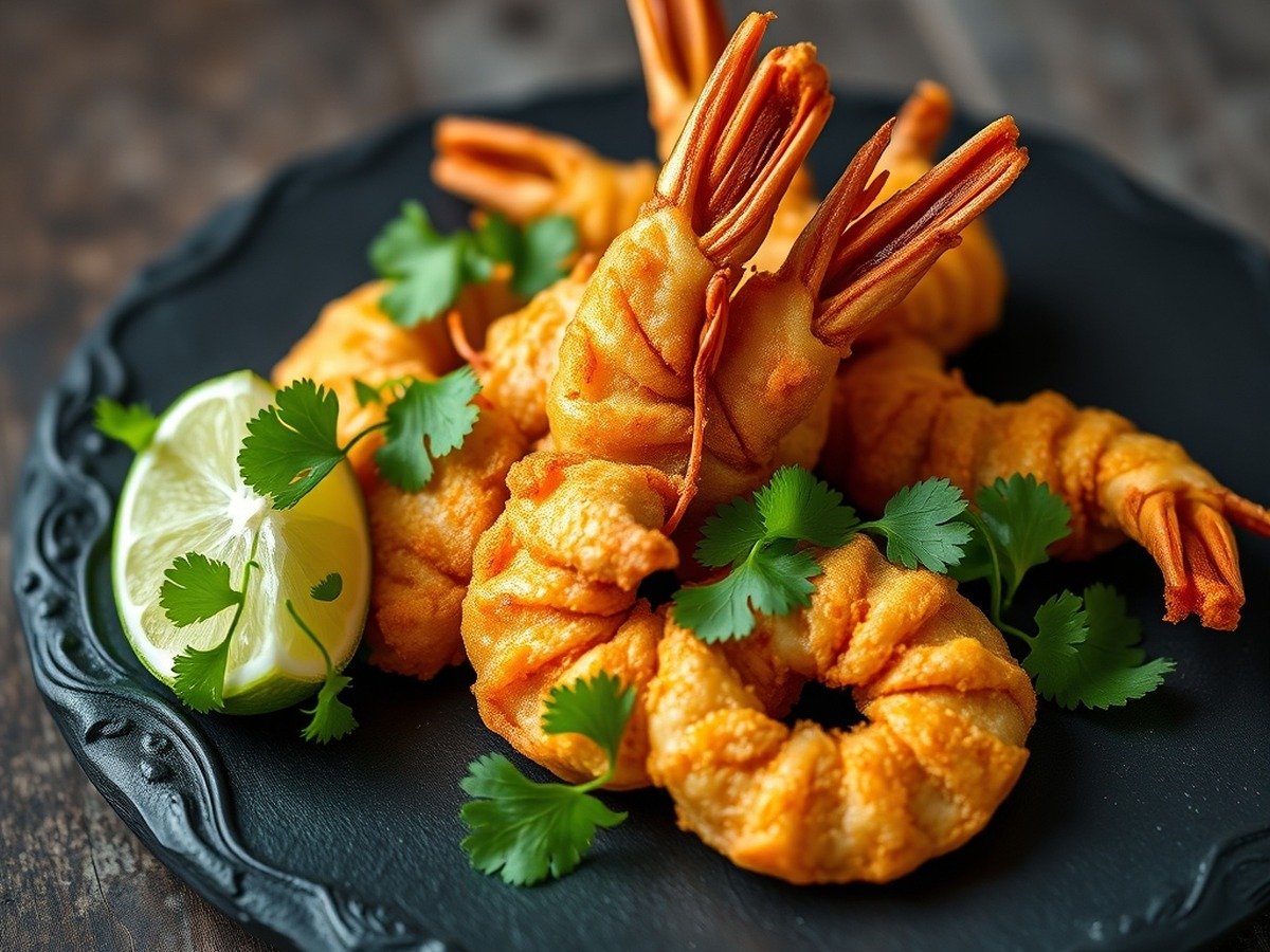 What temperature should you air fry frozen prawns? preparation close-up - Photorealistic macro shot of golden crispy air-fried prawns on a dark slate plate, garnished with fr