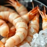 What temperature should you air fry frozen prawns? recipe hero presentation - Photorealistic close-up of frozen prawns in a modern black air fryer basket ready to be cooked, natu