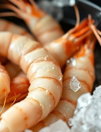 What temperature should you air fry frozen prawns? recipe hero presentation - Photorealistic close-up of frozen prawns in a modern black air fryer basket ready to be cooked, natu