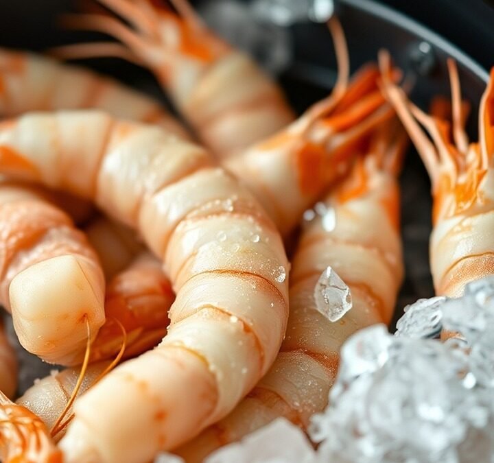 What temperature should you air fry frozen prawns? recipe hero presentation - Photorealistic close-up of frozen prawns in a modern black air fryer basket ready to be cooked, natu