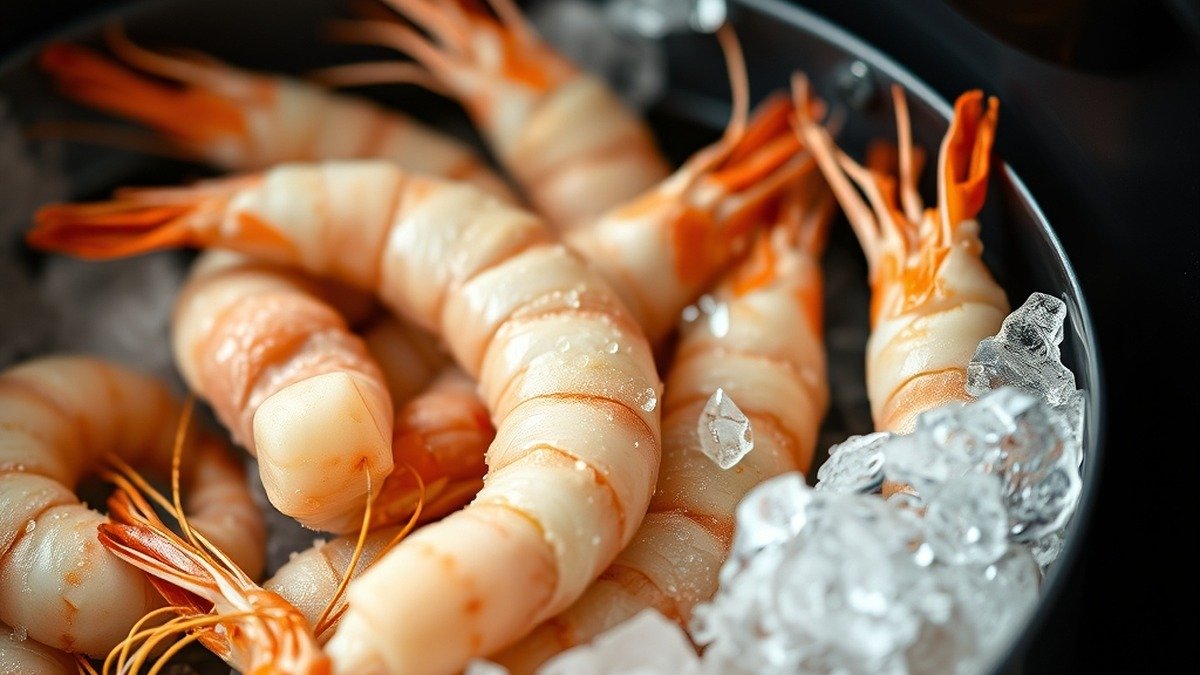 What temperature should you air fry frozen prawns? recipe hero presentation - Photorealistic close-up of frozen prawns in a modern black air fryer basket ready to be cooked, natu